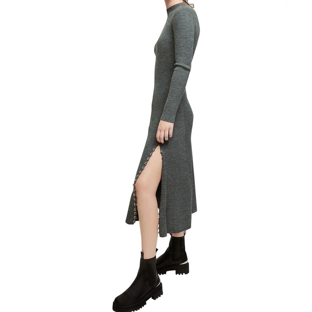 Maje Rully Pierced Detail Fit & Flare Ribbed Midi Sweater Dress Grey NWT FR 38